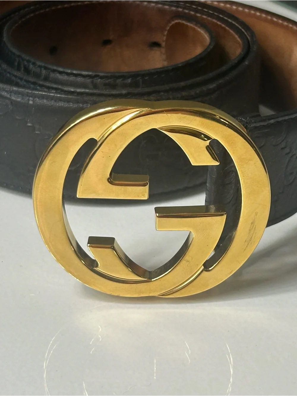 Gucci GG Gold Buckle Dark Navy Blue Guccissima Leather Belt